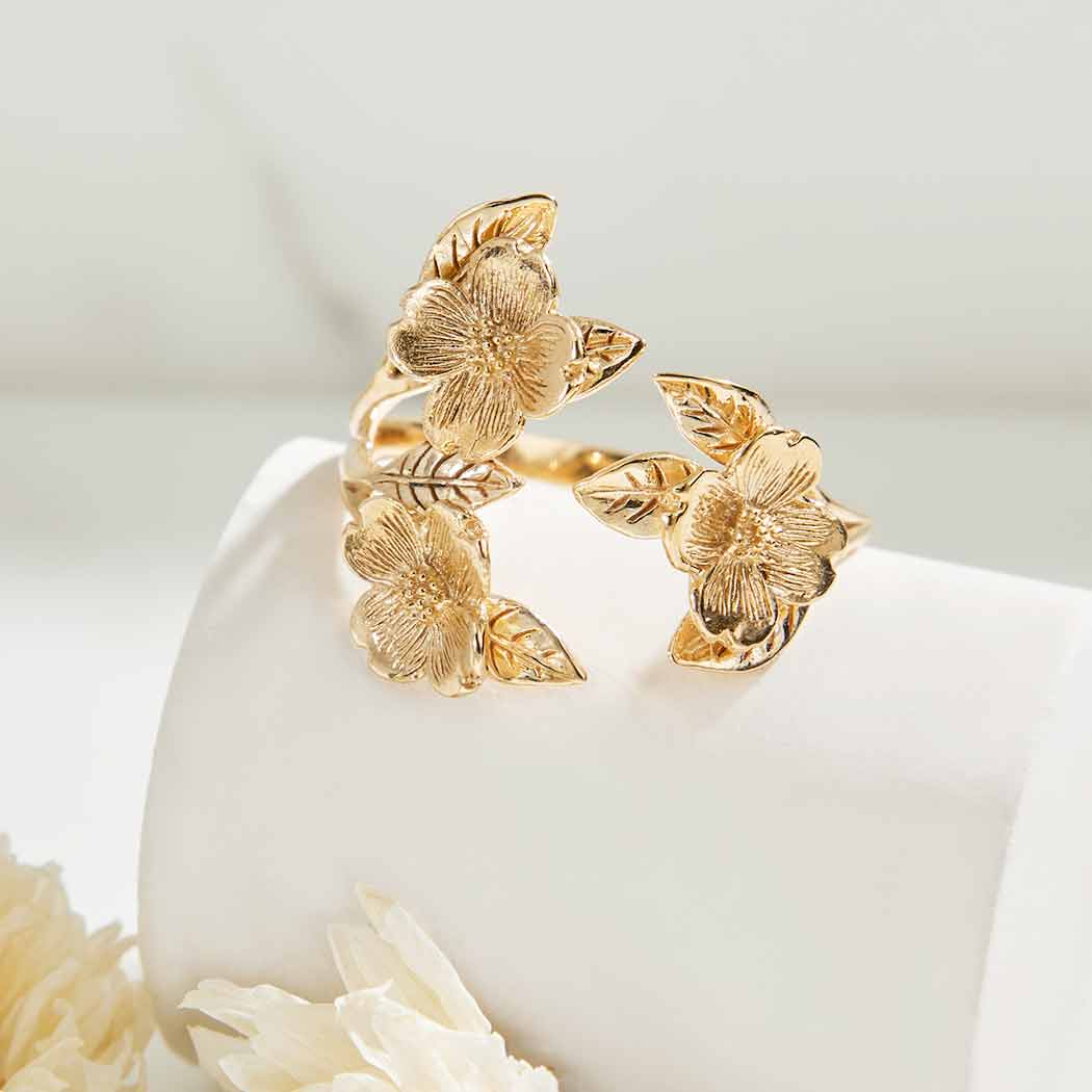 Adjustable Dogwood Flower and Leaf Ring- Bronze