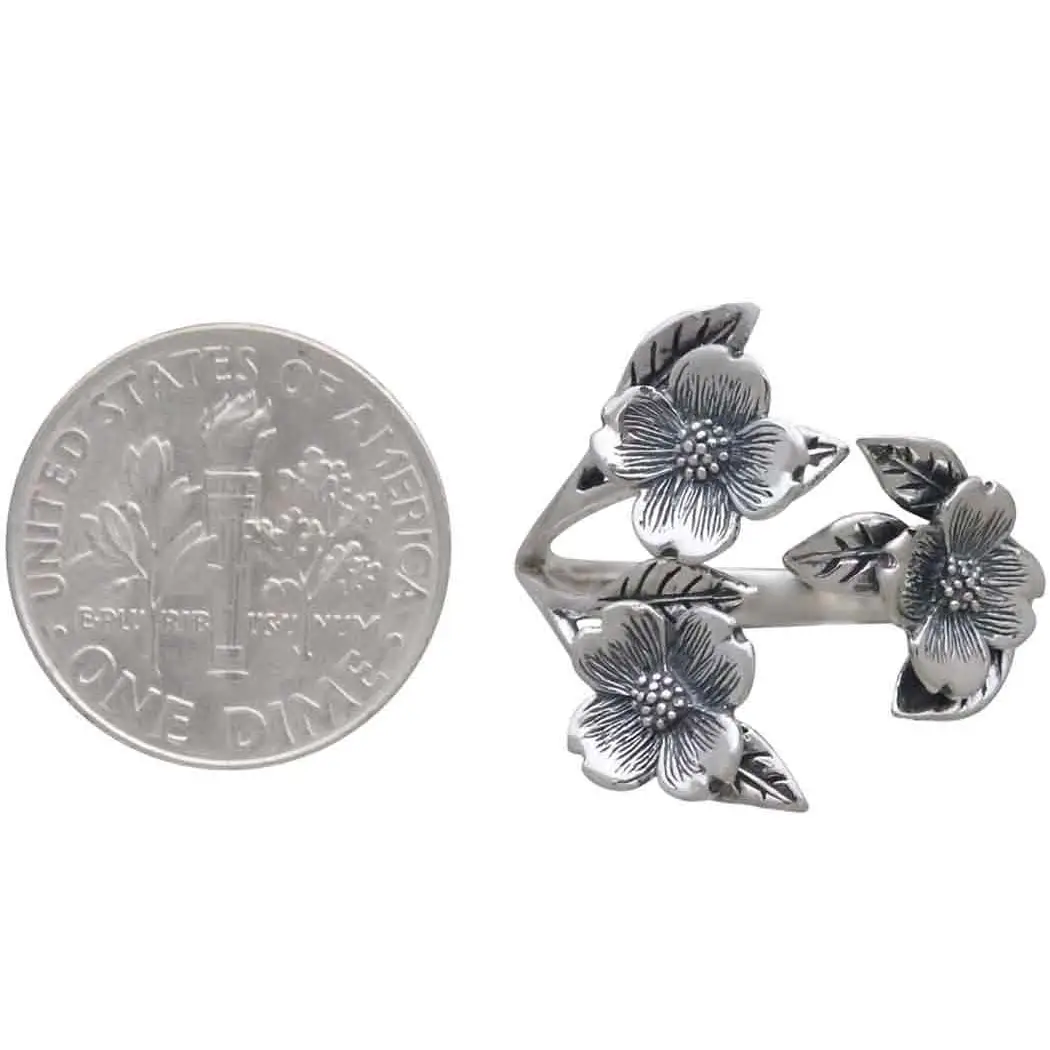 Adjustable Dogwood Flower and Leaf Ring- Sterling Silver