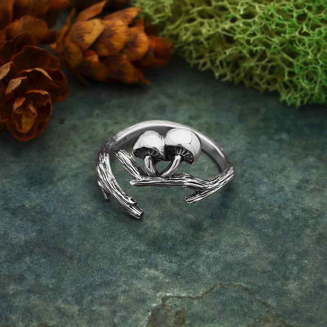 Adjustable Branch and Mushroom Ring- Sterling Silver