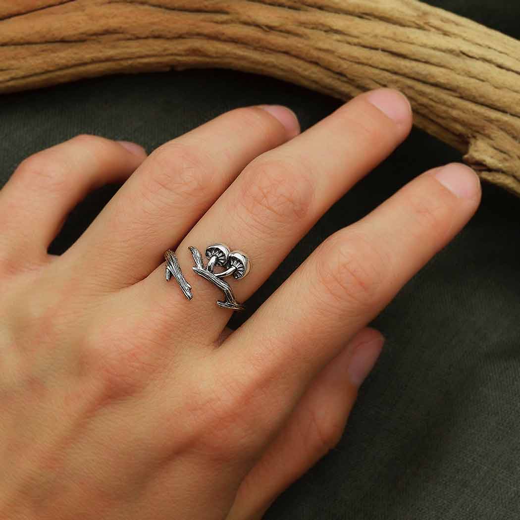 Adjustable Branch and Mushroom Ring- Sterling Silver