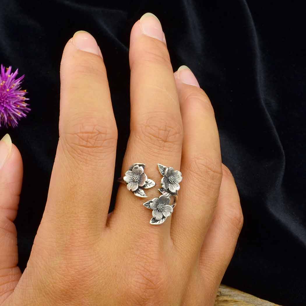 Adjustable Dogwood Flower and Leaf Ring- Sterling Silver