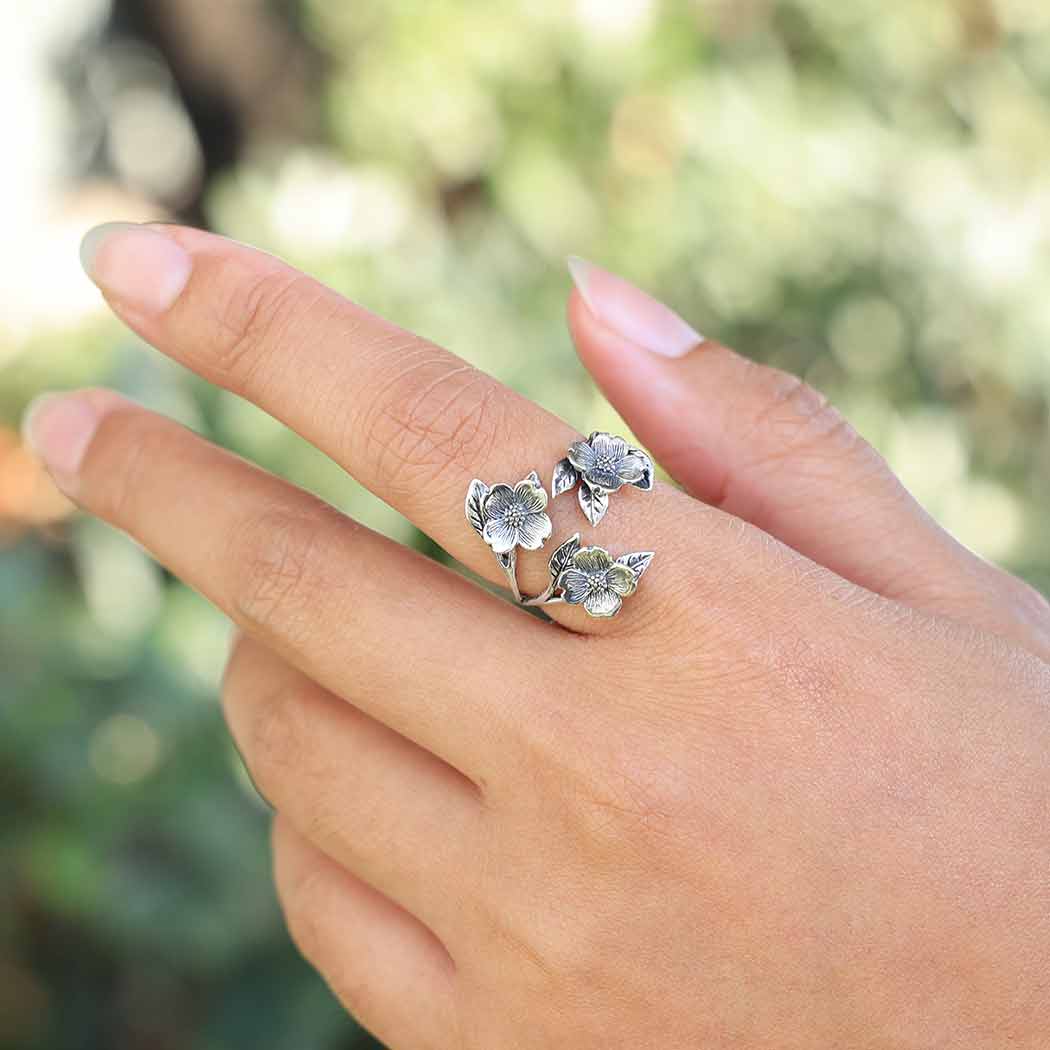 Adjustable Dogwood Flower and Leaf Ring- Sterling Silver