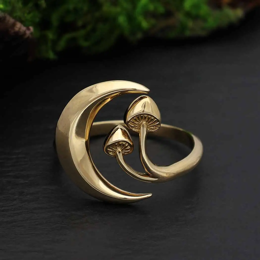 Moon and Mushroom Adjustable Ring -Bronze