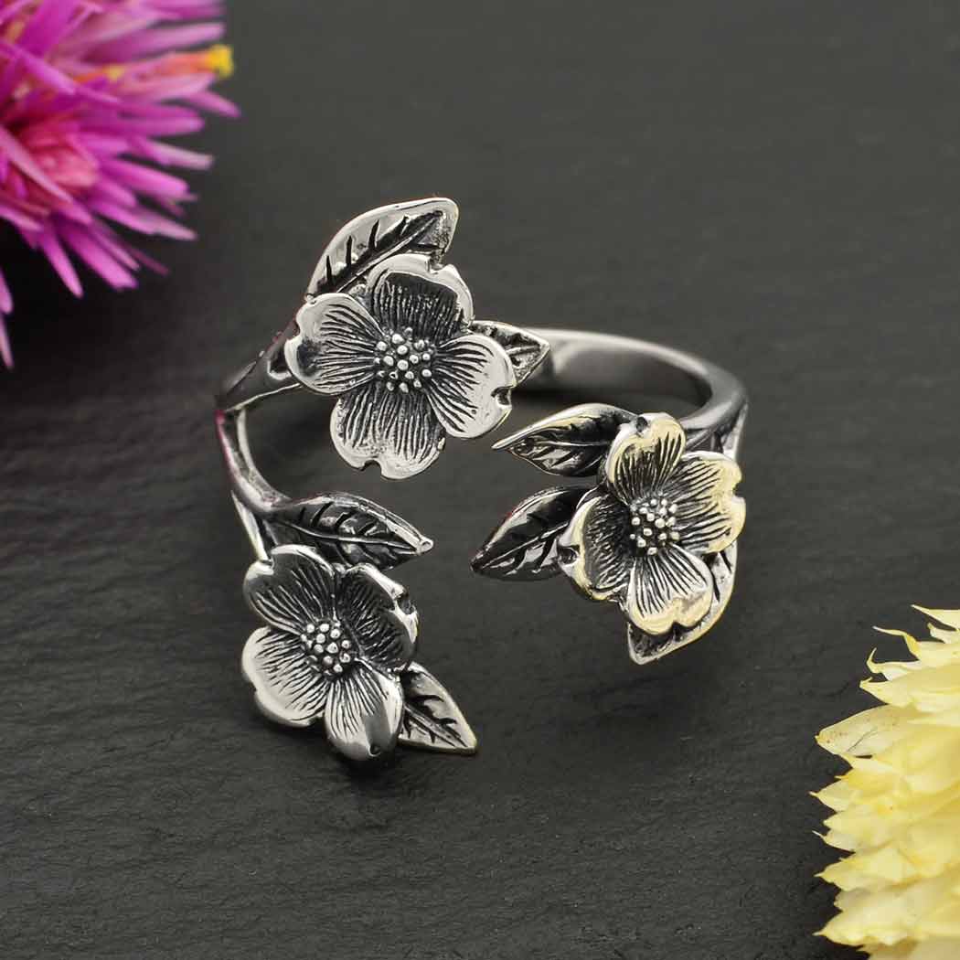 Adjustable Dogwood Flower and Leaf Ring- Sterling Silver