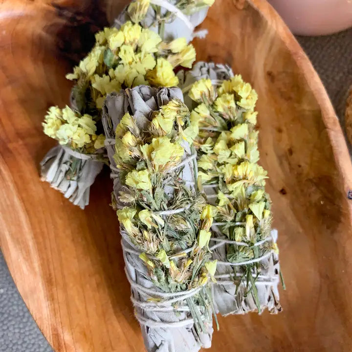 Yellow Statice Flower White Sage Smudge Wand