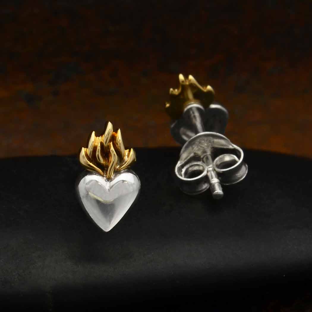 Sterling Silver Heart Post Earrings with Bronze Flame 9x5mm